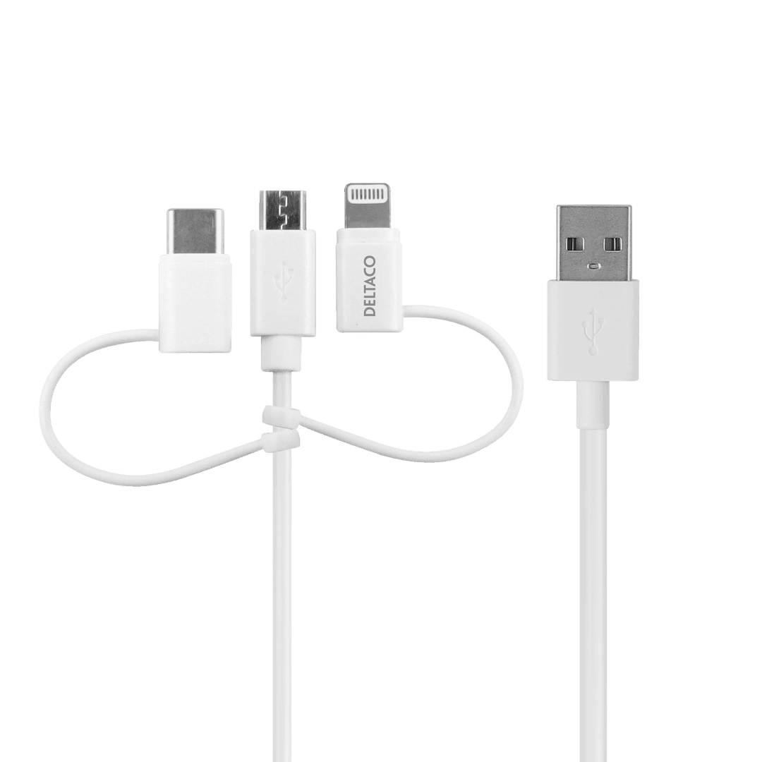DELTACO - USB-A to 3in1, Micro USB, USB-C, Lightning, 1m, white