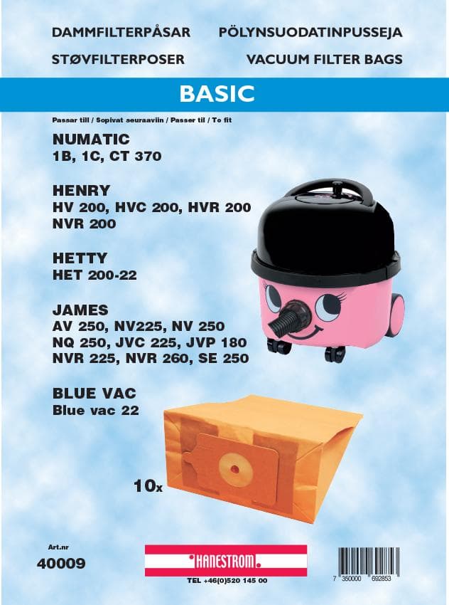 HANESTRÖM - Dustbags Hanestrom To fit Numatic Henry 1B, 1C, 10P