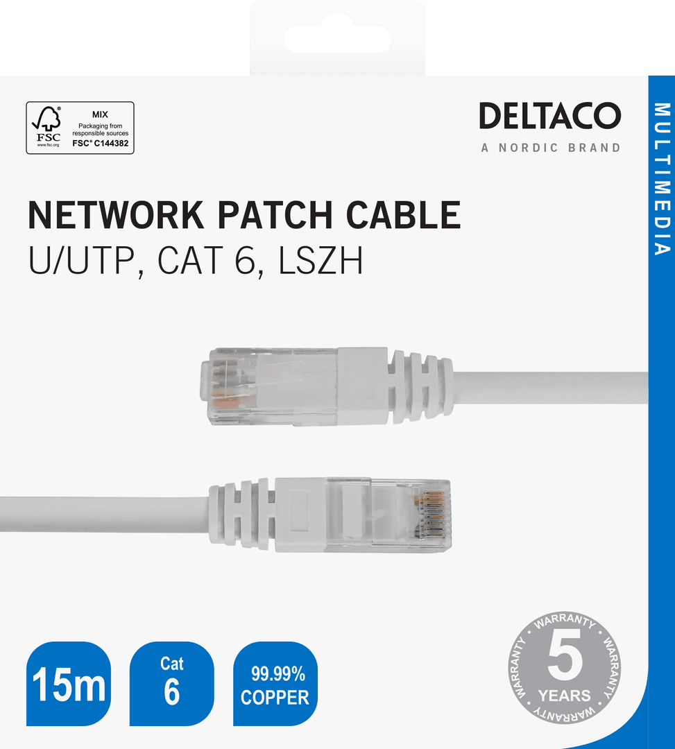 DELTACO - Cat6 Network cable, 15m, white