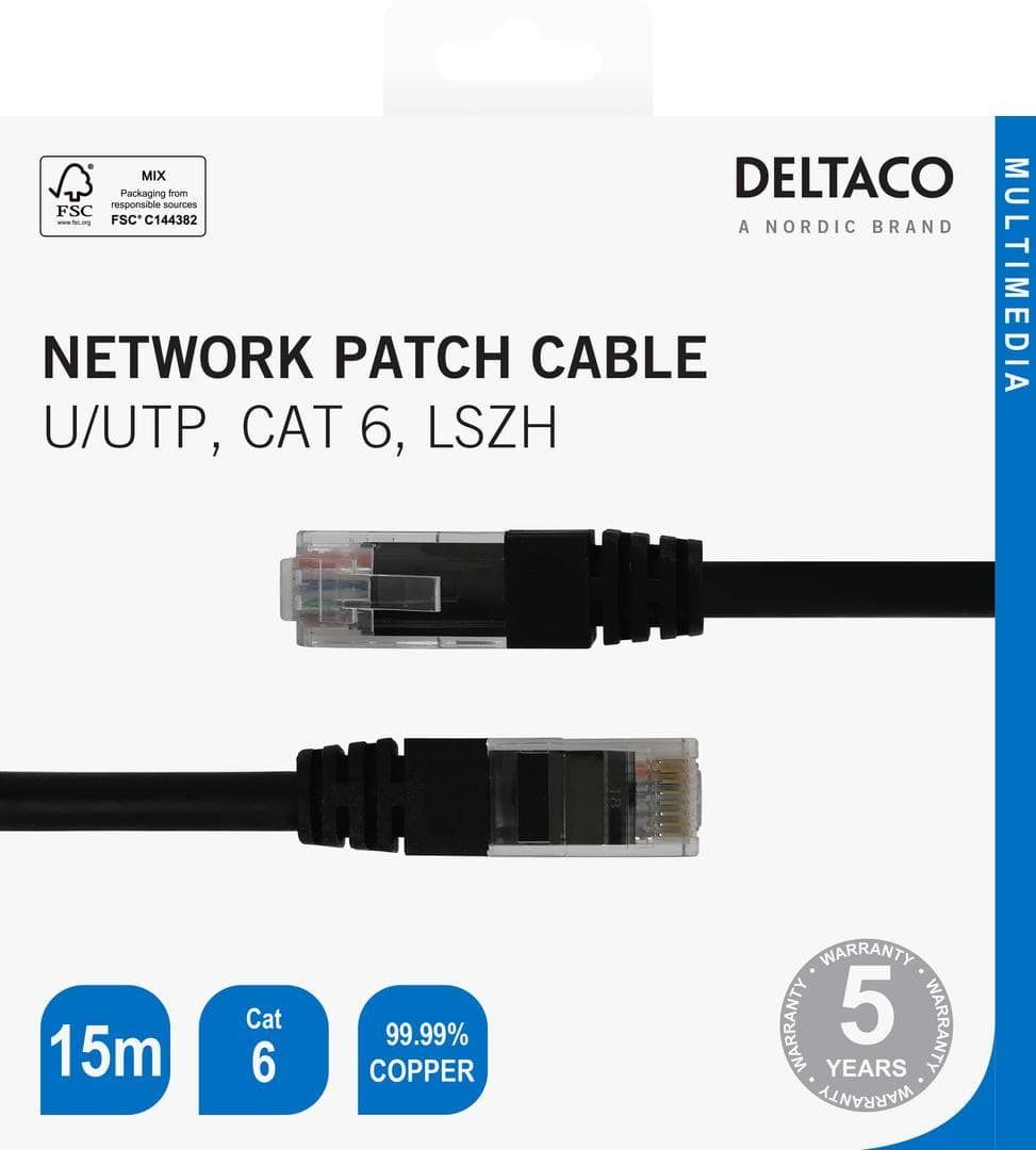 DELTACO - Cat6 Network cable, 15m, black