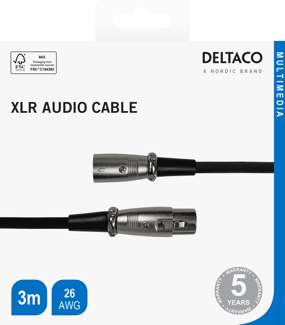 DELTACO - XLR audio cable 3pin male  3pin female 26 AWG 3m black