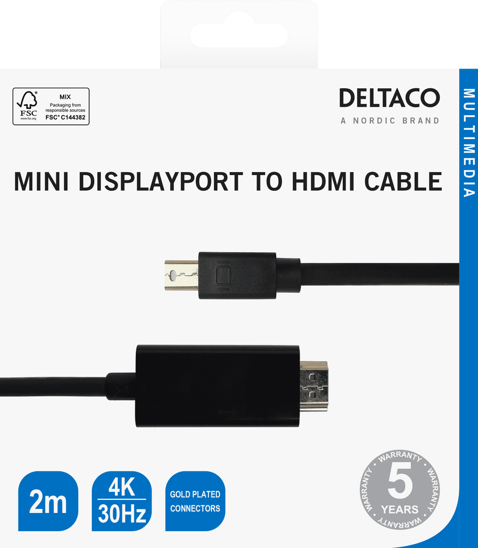 DELTACO - miniDisplayPort to HDMI cable, 4K UHD, 2m, black