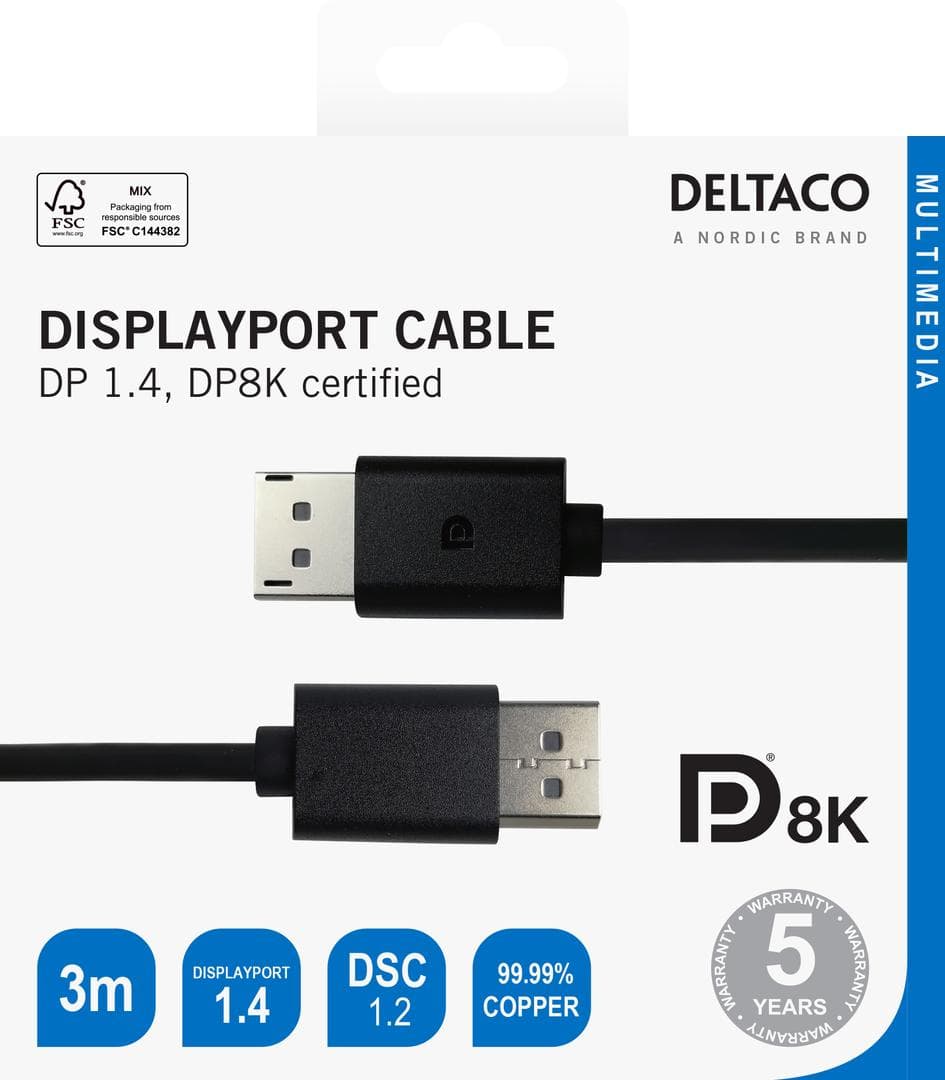 DELTACO - DisplayPort cable, 8K, DP 1.4, 3m, black