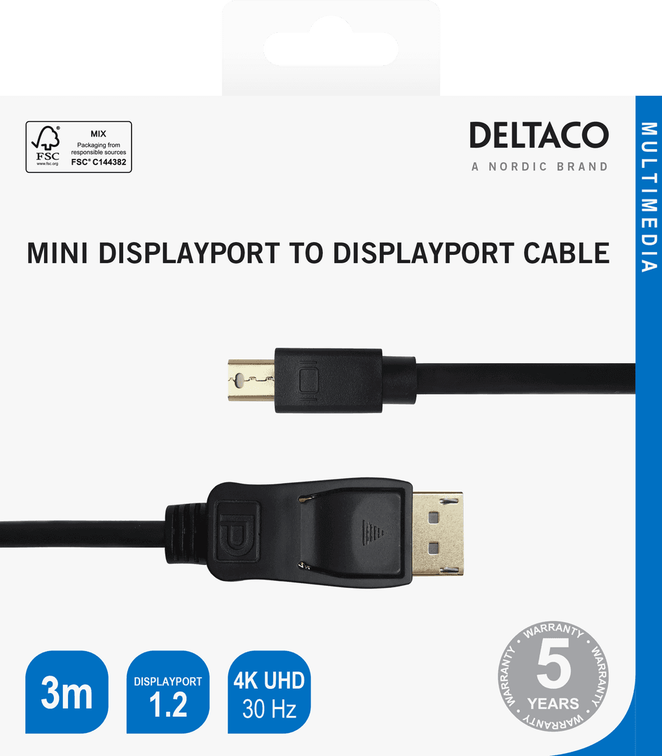 DELTACO - DisplayPort to miniDisplayPort cable, 4K UHD, 3m, black