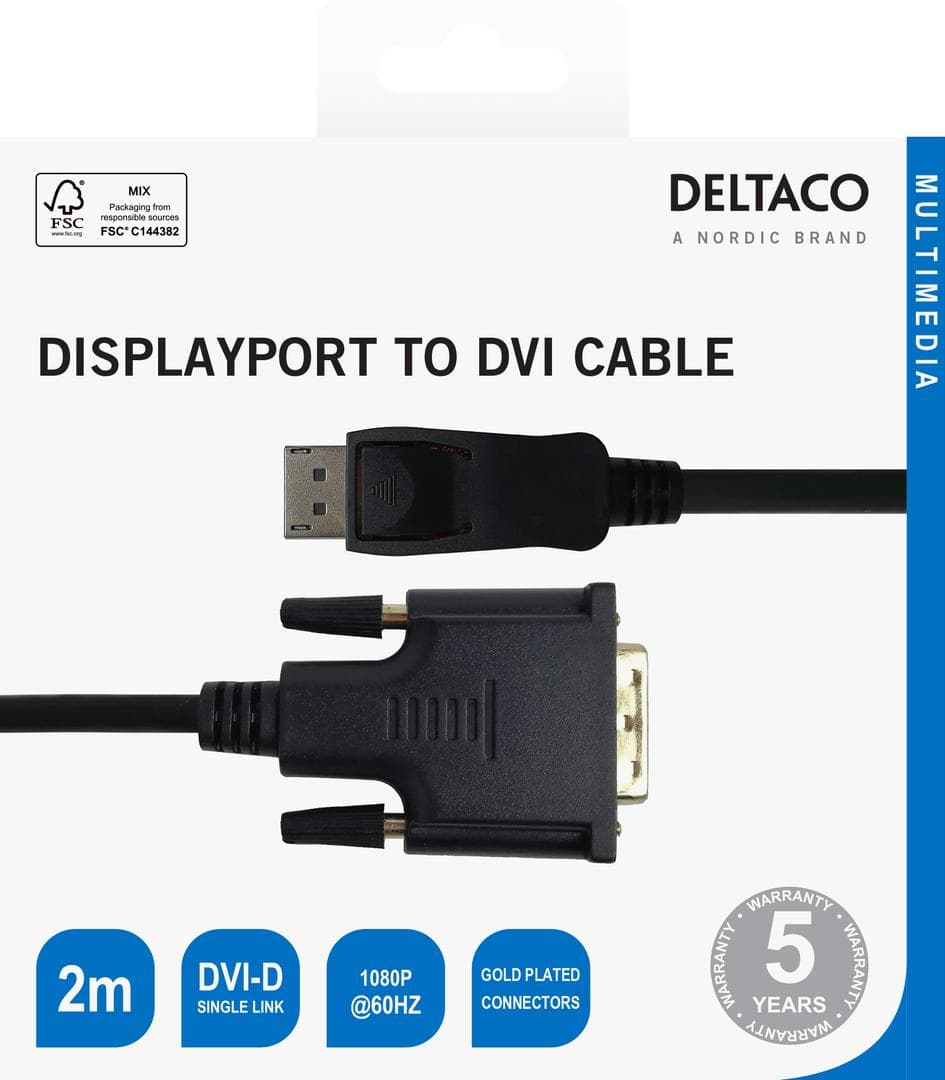 DELTACO - DisplayPort>DVI-D Single Link monitor cable Ful HD 60Hz 2m