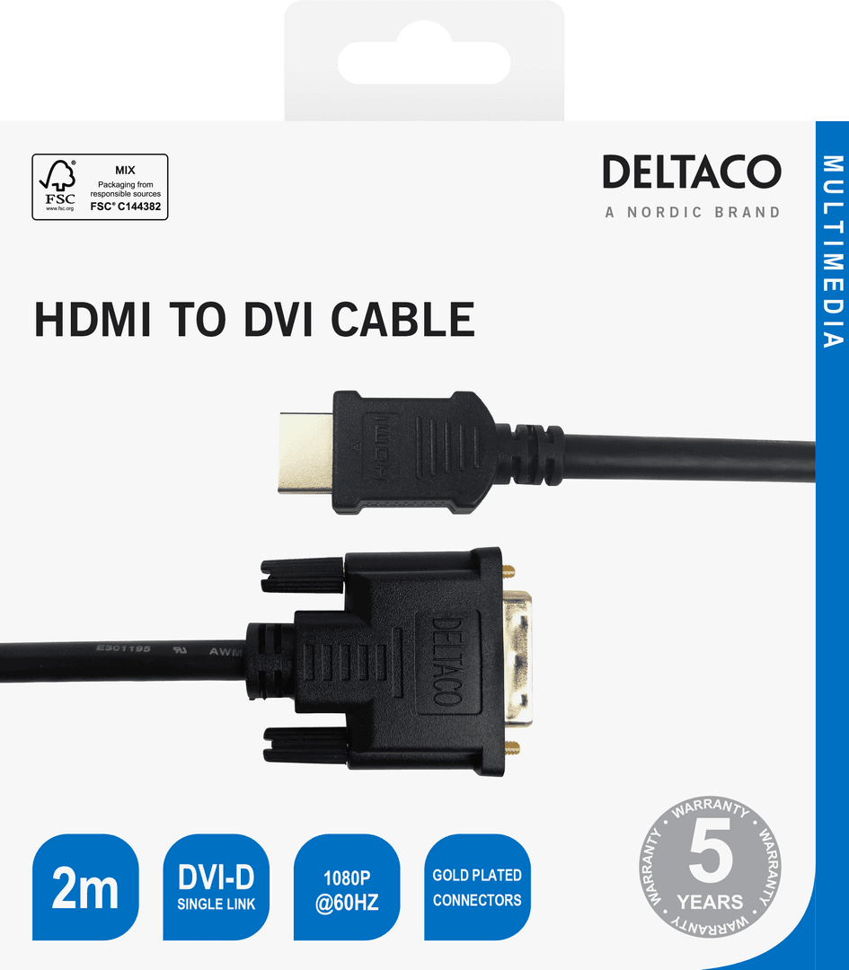 DELTACO - HDMI to DVI cable, 1080p, DVI-D Single Link, 2m, black