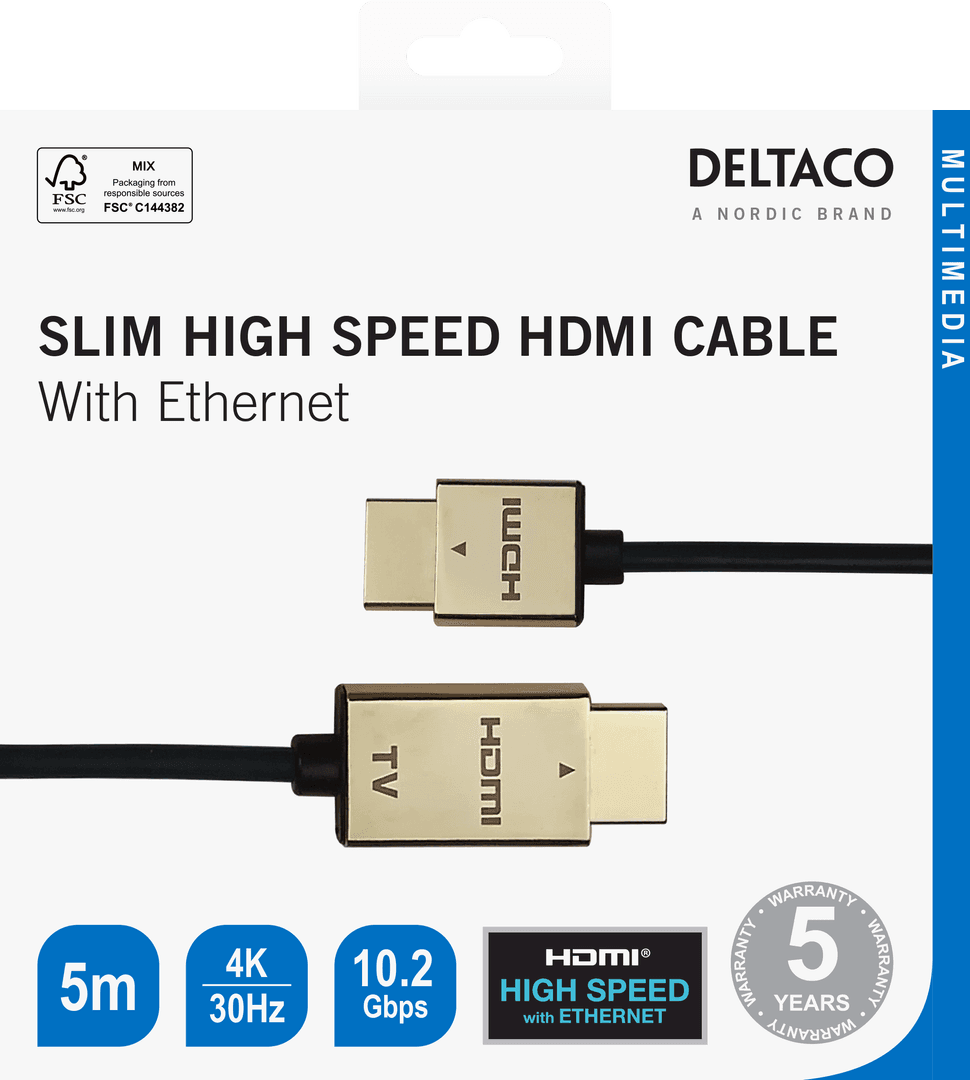 DELTACO - Ultra-thin HDMI cable, 4K UHD, 5m, black/gold