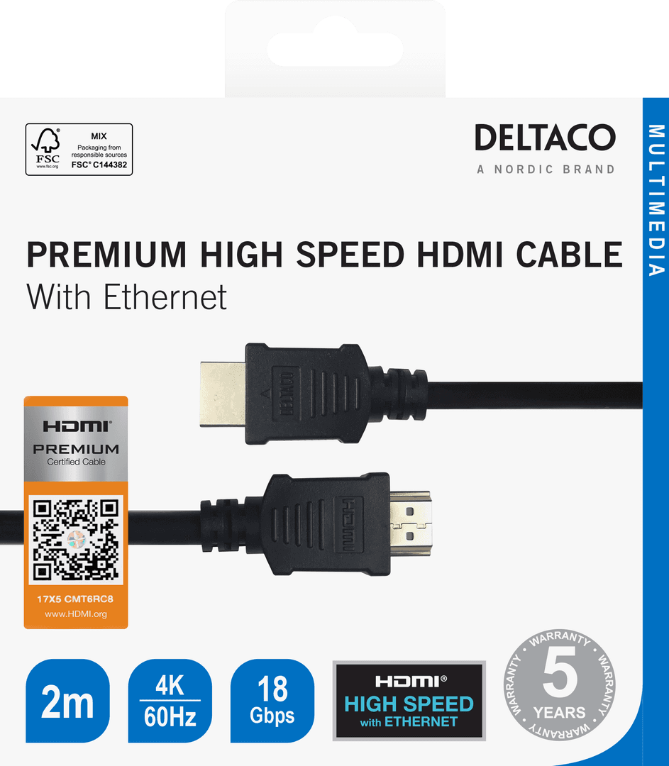 DELTACO - Premium High Speed HDMI cable, 4K UHD, 2m, black