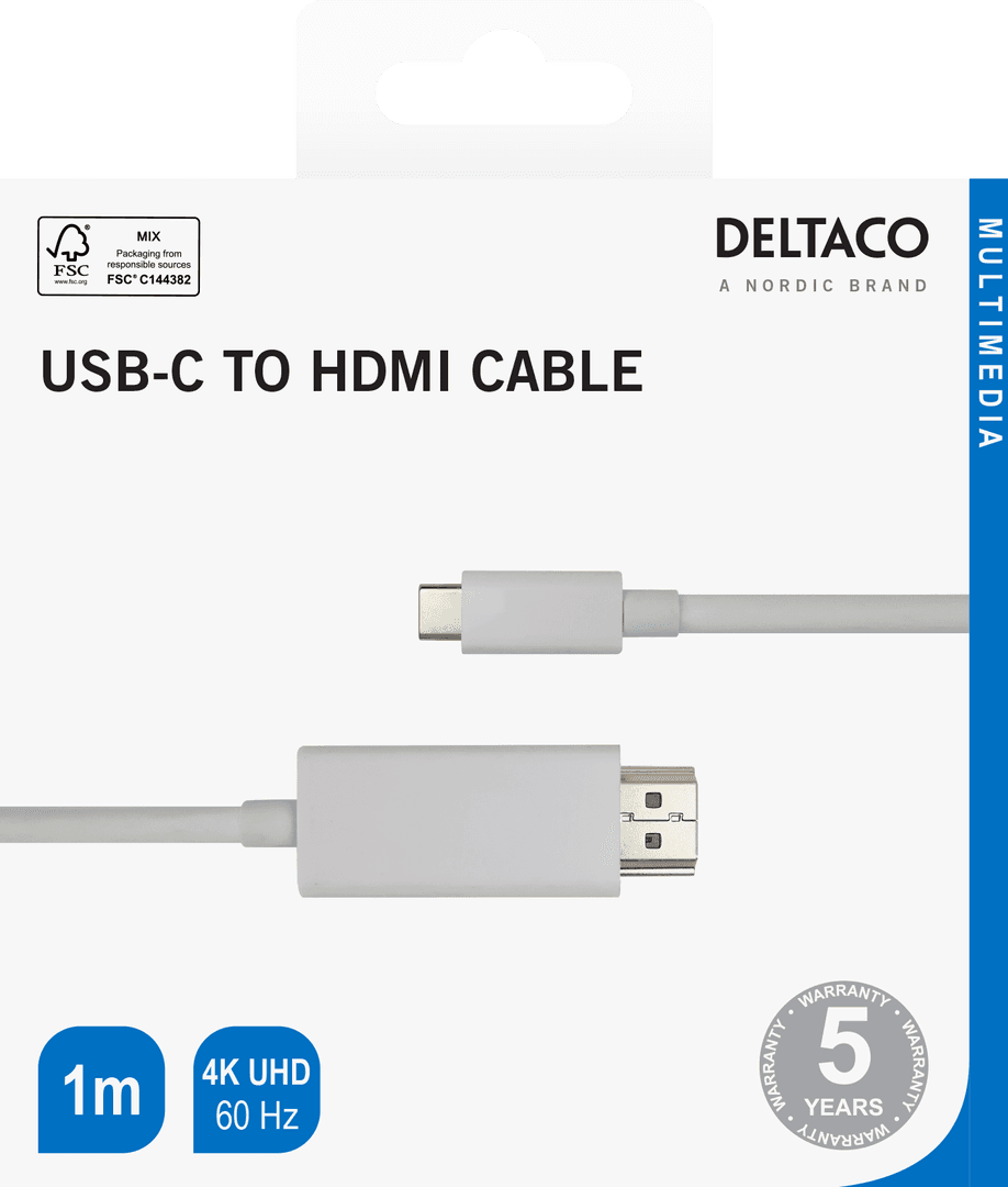 DELTACO - USB-C - HDMI cable, 4K UHD, gold plated, 1m, white
