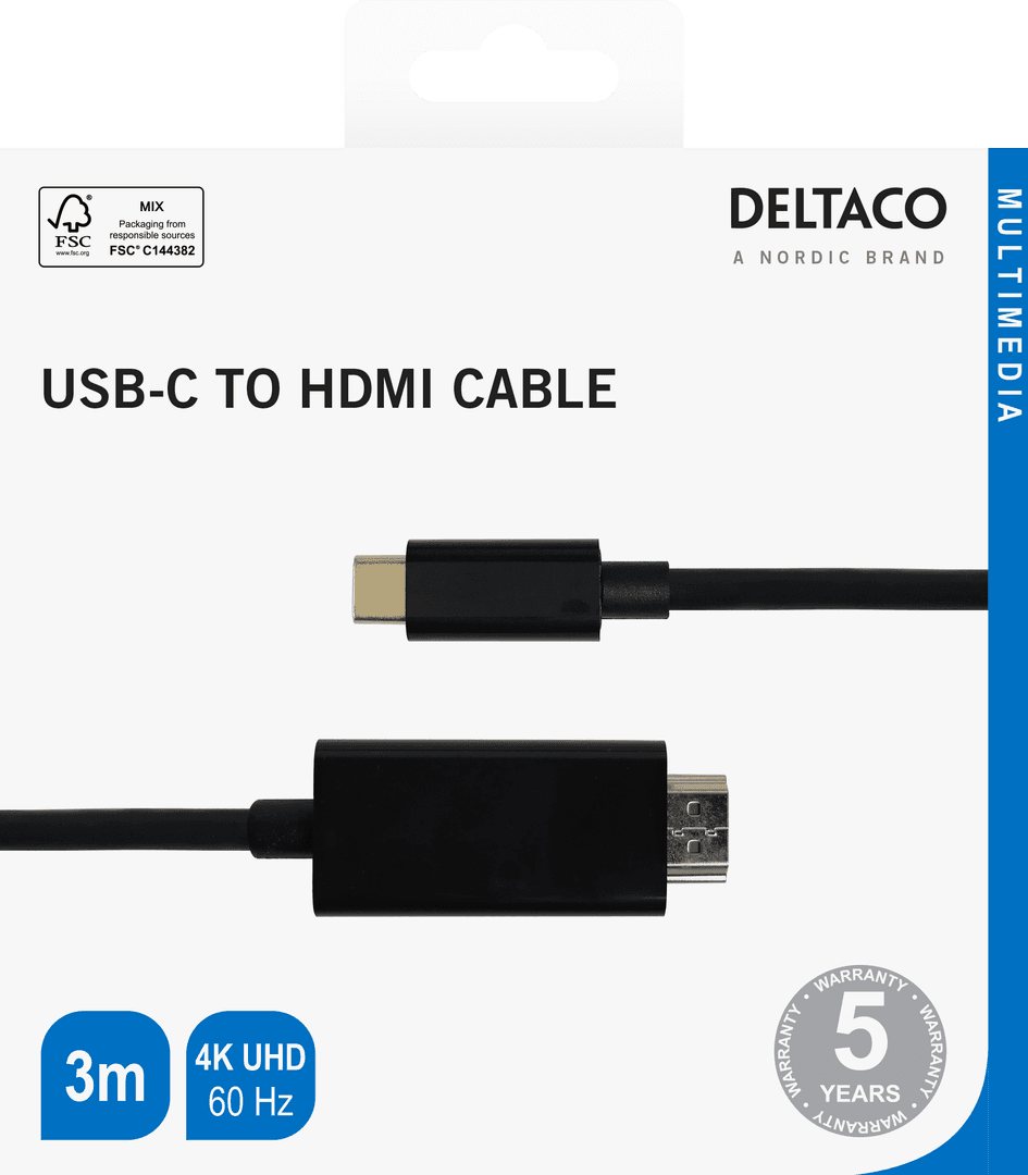 DELTACO - USB-C - HDMI cable, 4K UHD, gold plated, 3m, black