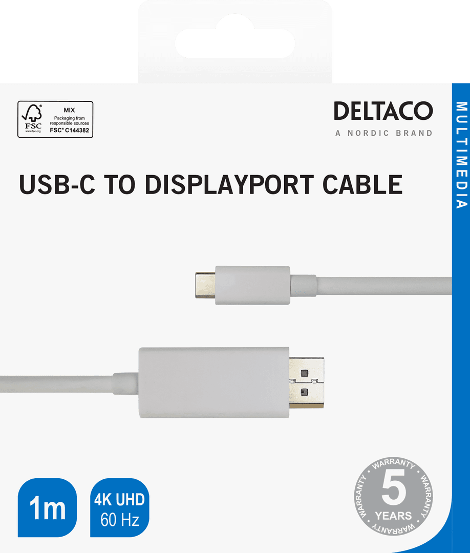 DELTACO - USB-C - DisplayPort cable, 4K UHD, gold plated, 1m, white