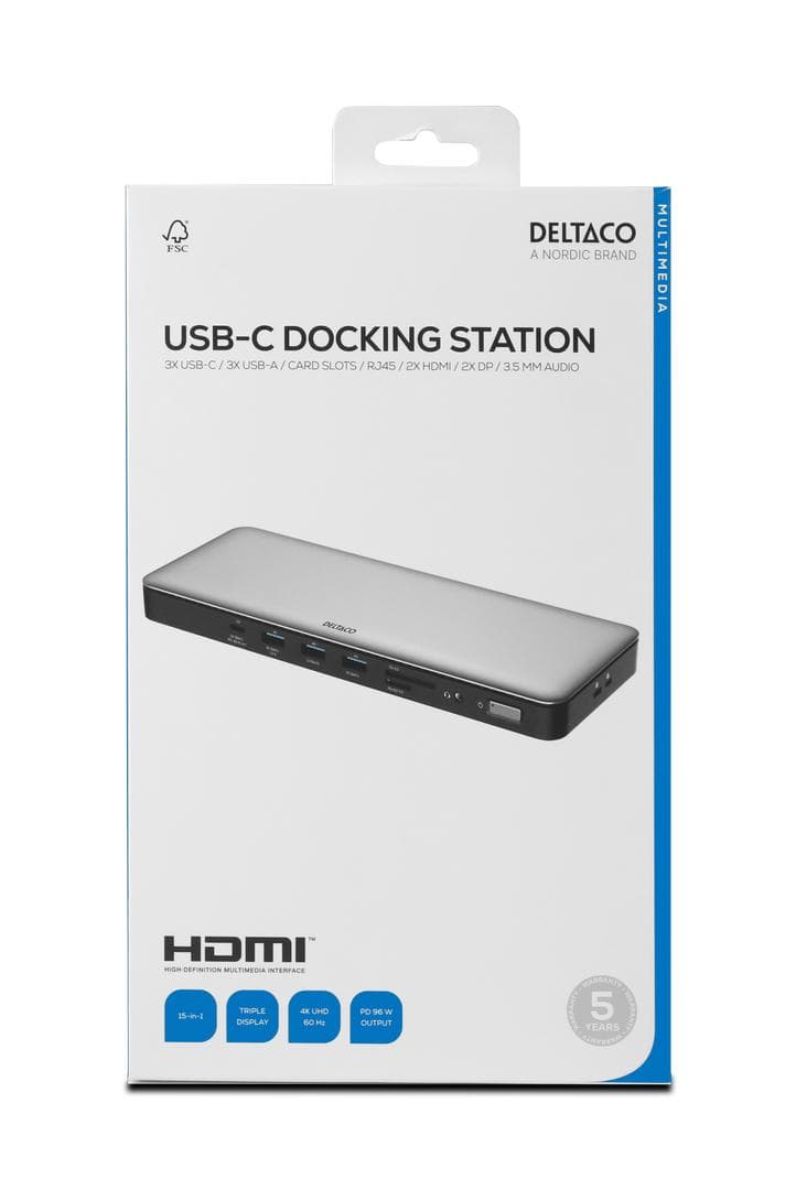 DELTACO - USB-C dock, triple, 2x HDMI/DP, USB-C/USB-A/RJ45/SD/3.5mm