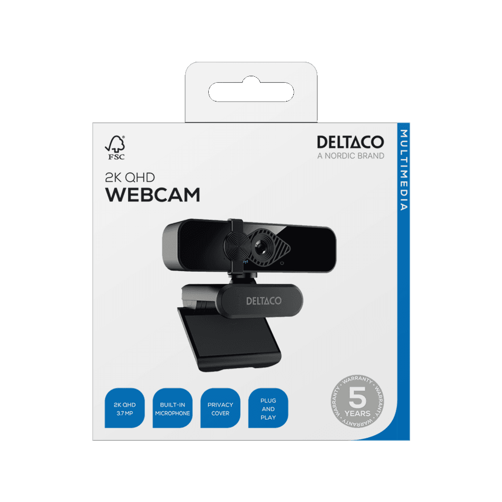 DELTACO - W-200 Webcam, 2K 2560x1440 3.7MP, built-in mic,  2 m cable