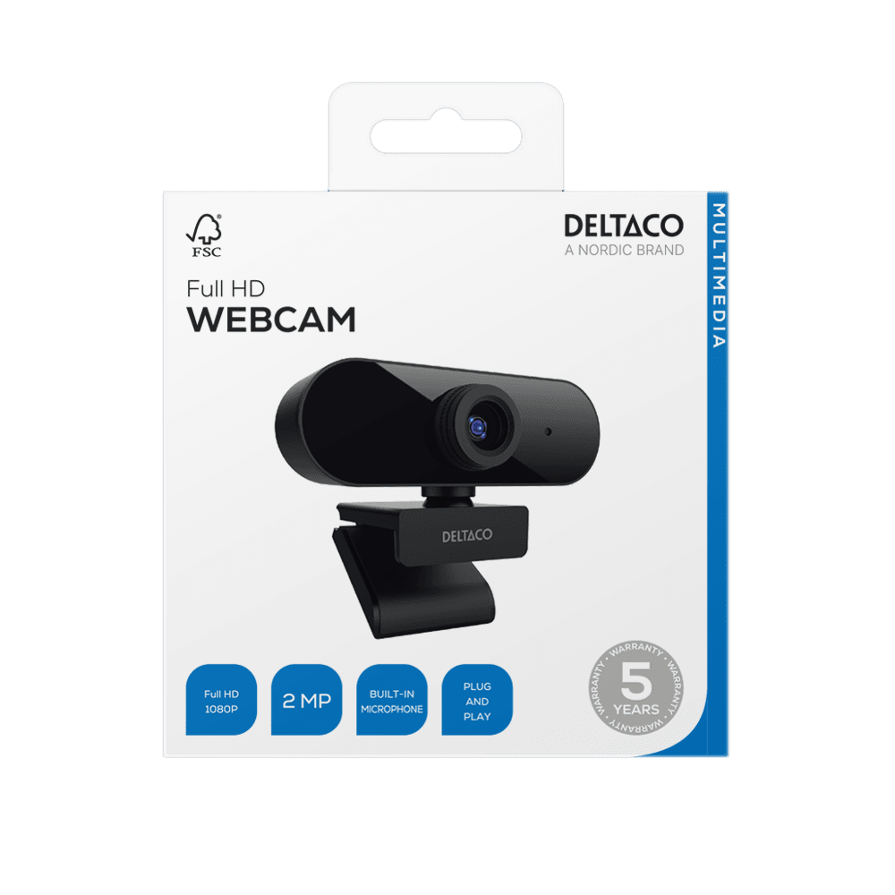 DELTACO - W-100 Webcam, 1080p 1920x1080 2MP, built-in mic, 2 m cable