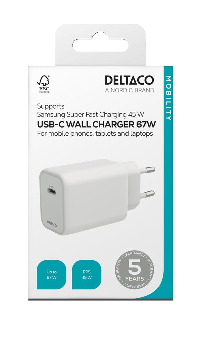DELTACO - Wall Charger 240W, 67W 1x-USB-C, fastcharge
