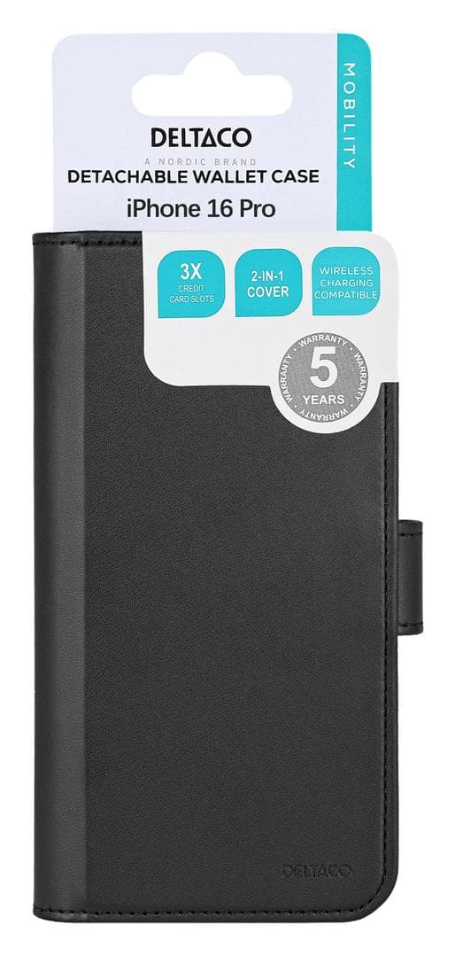DELTACO - Wallet case, 2-in-1, iPhone 16 Pro, magnetic cover, black