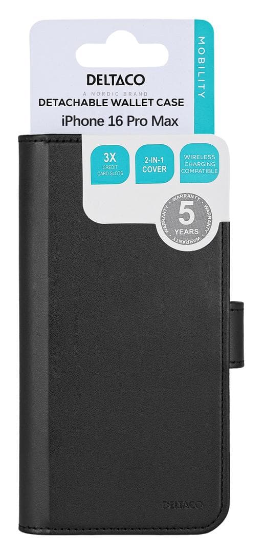 DELTACO - Wallet case, 2-in-1, iPhone 16 Pro Max, magnetic cover,black
