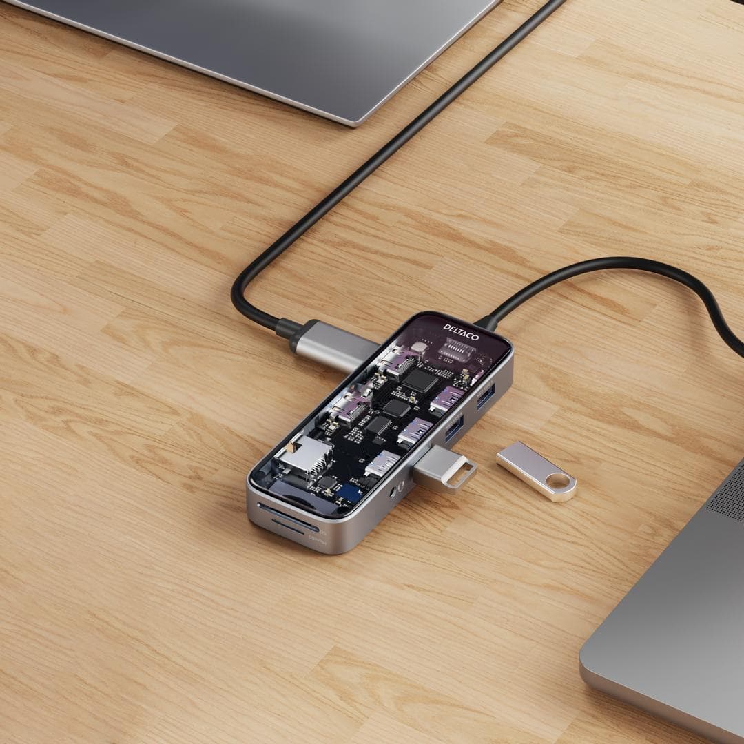 DELTACO - Transparent USB-C docking station, dual, 2x HDMI, 3x USB-A