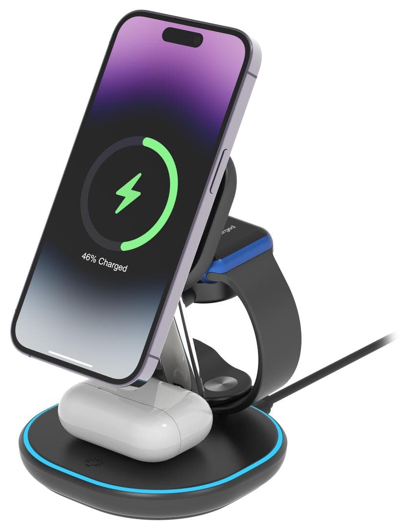 DELTACO - 3-in-1 magnetic wireless charging stand, iPhone/TWS/Watch