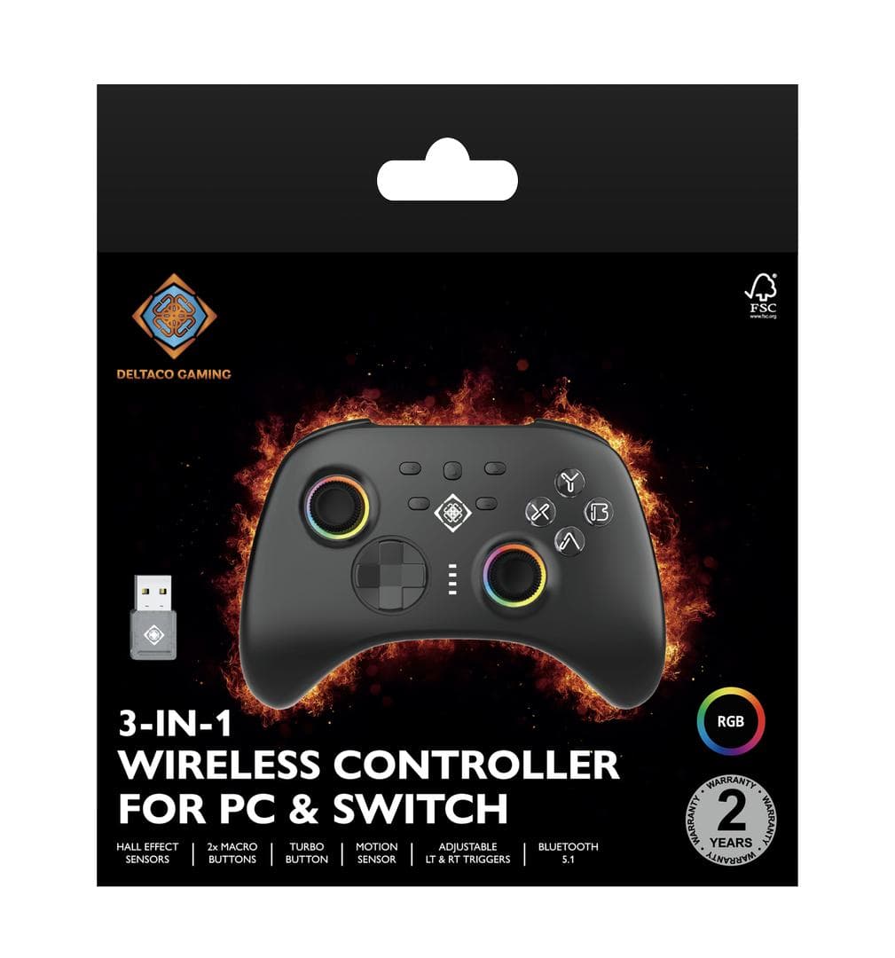 DELTACO - 3-in-1 Wireless Controller for PC, 2.4G + BT 5.1 Connection