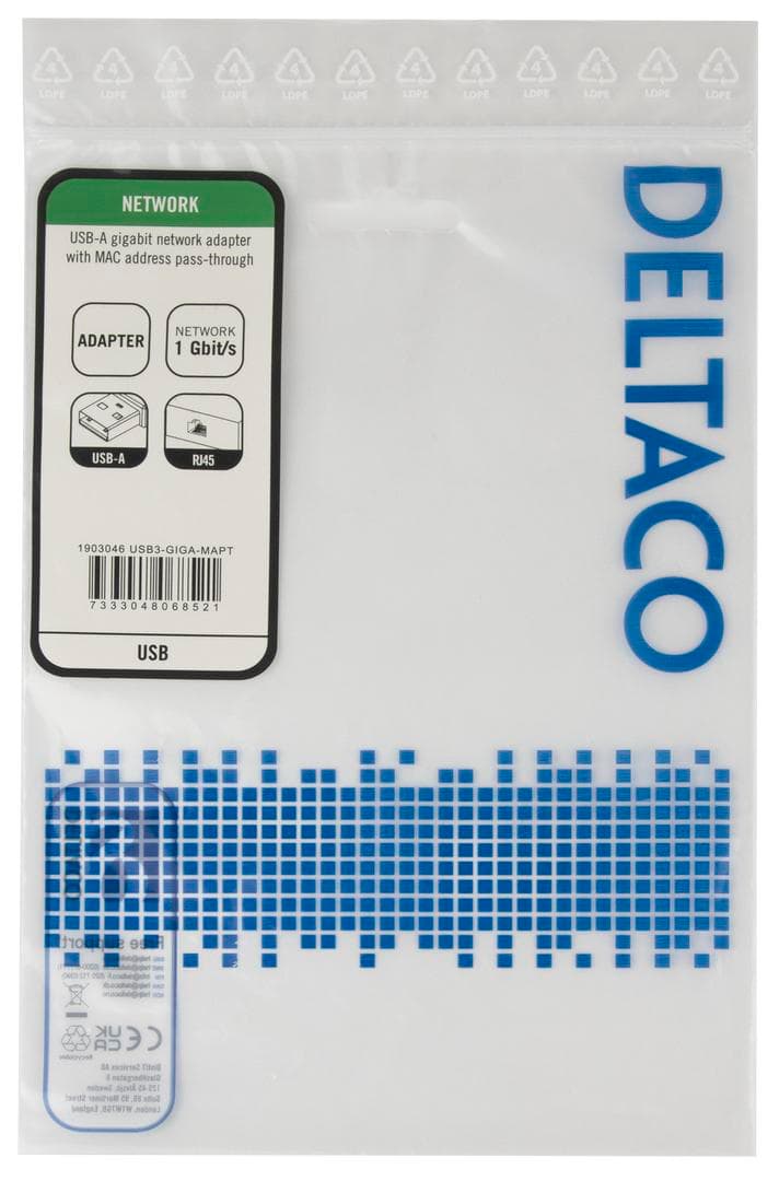 DELTACO - USB-A Gigabit Network adaptor w/MAC address pass-through