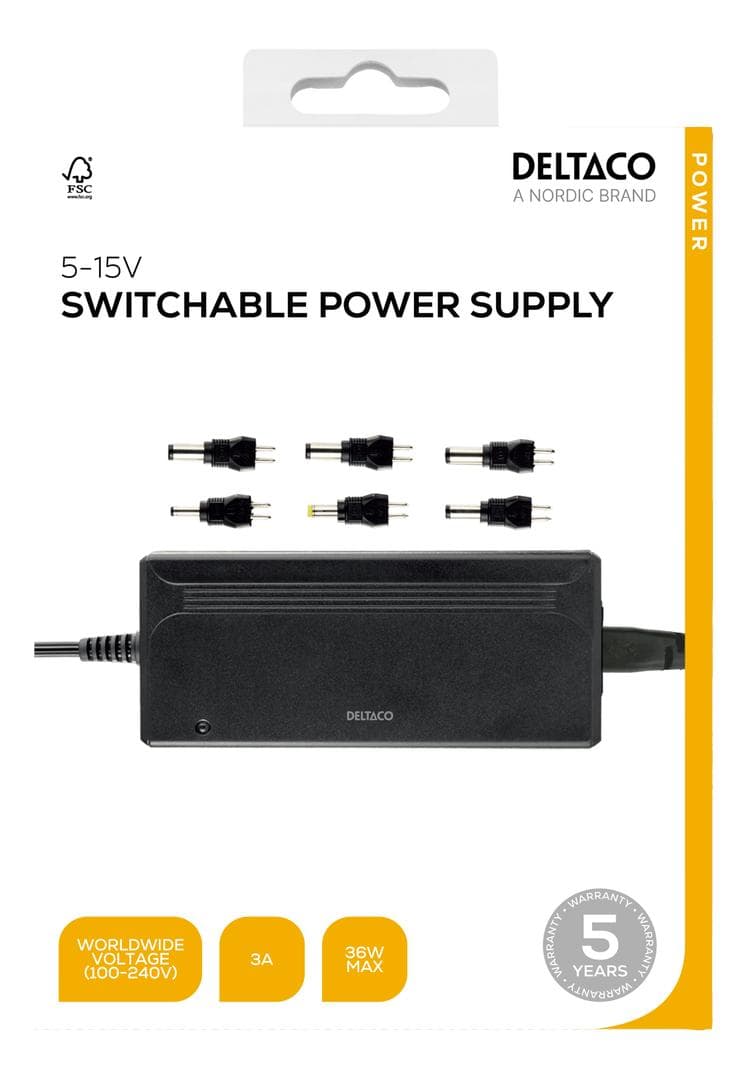 DELTACO - Power supply 100-240 V, 5-15 V DC, 3 A max, 36 W, 6 tips