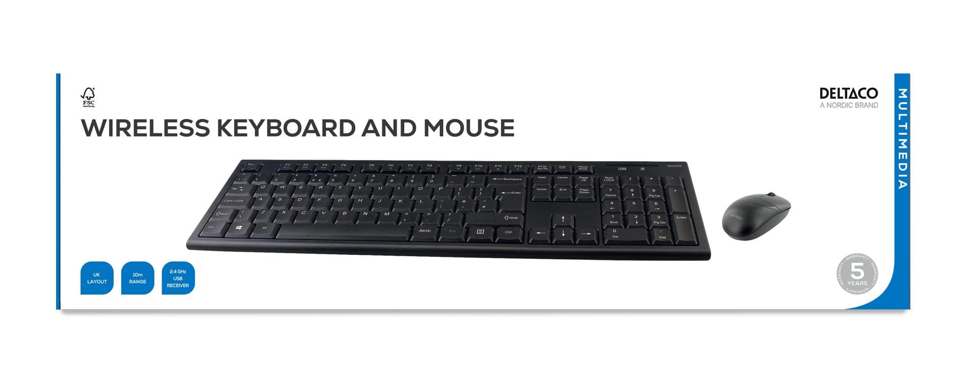 DELTACO - wireless keyboard and mouse, USB receiver, 10m range, UK layout