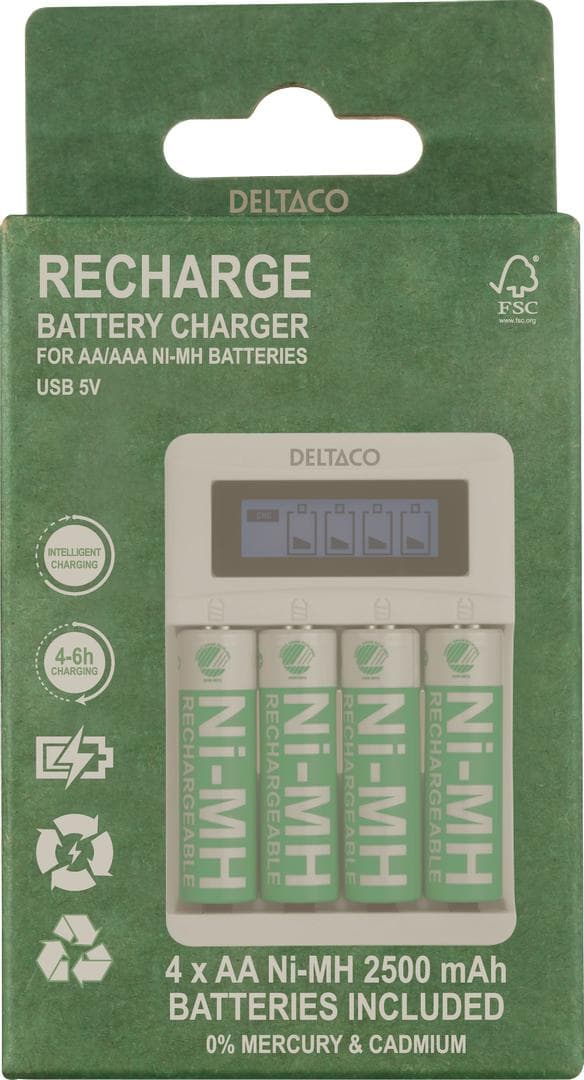 DELTACO - Ultimate Ni-Mh USB charger with 4 x AA batteries