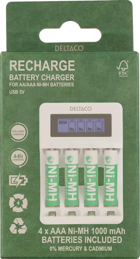 DELTACO - Ultimate Ni-Mh USB charger with 4 x AAA batteries