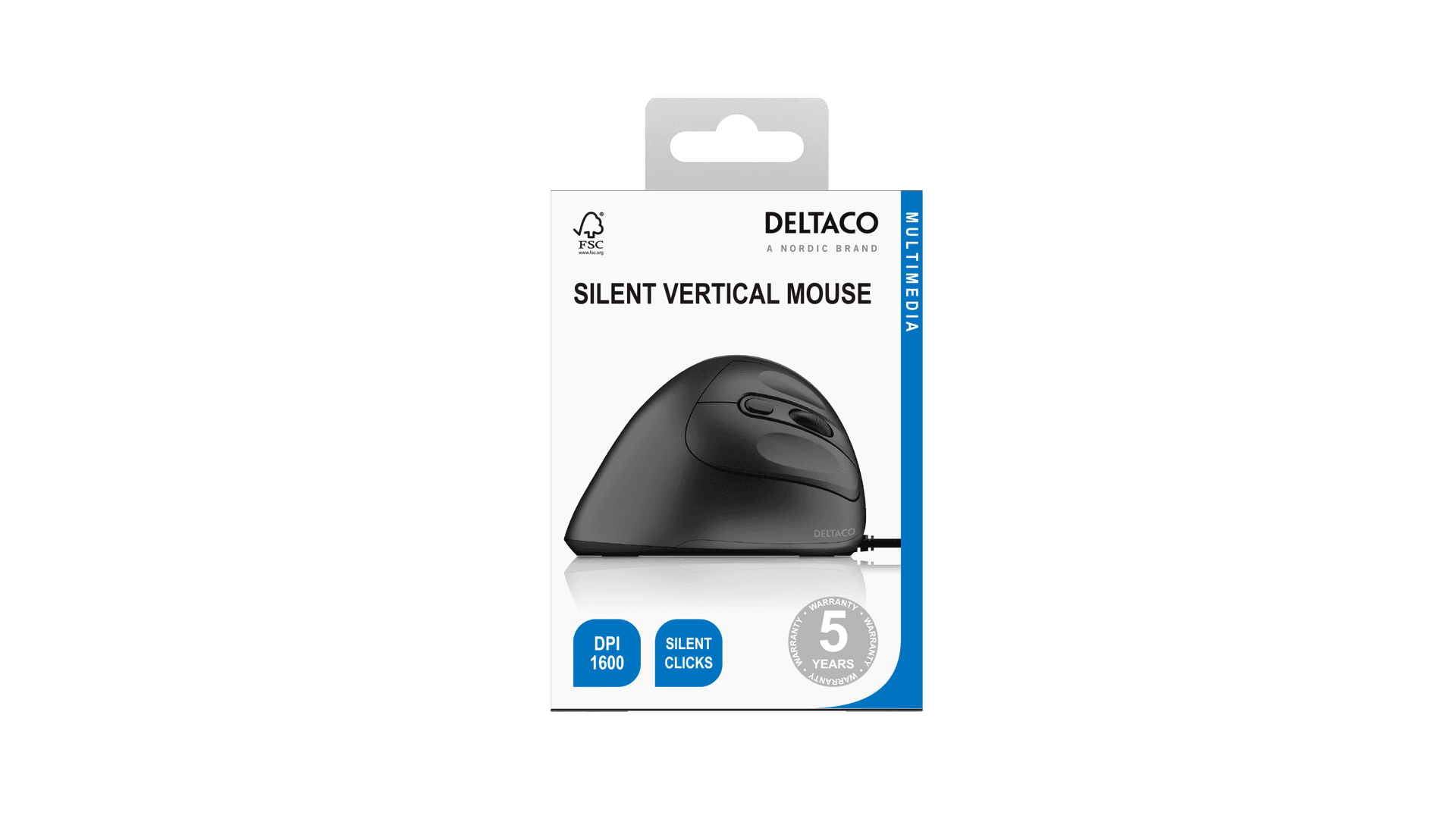 DELTACO - Silent Wired Vertical Office Mouse, 4 buttons, 1000-1600 DPI