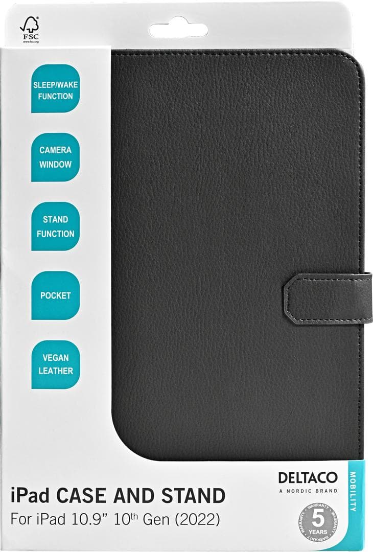 DELTACO - iPad 10.2" 2022 case, vegan leather, stand, black