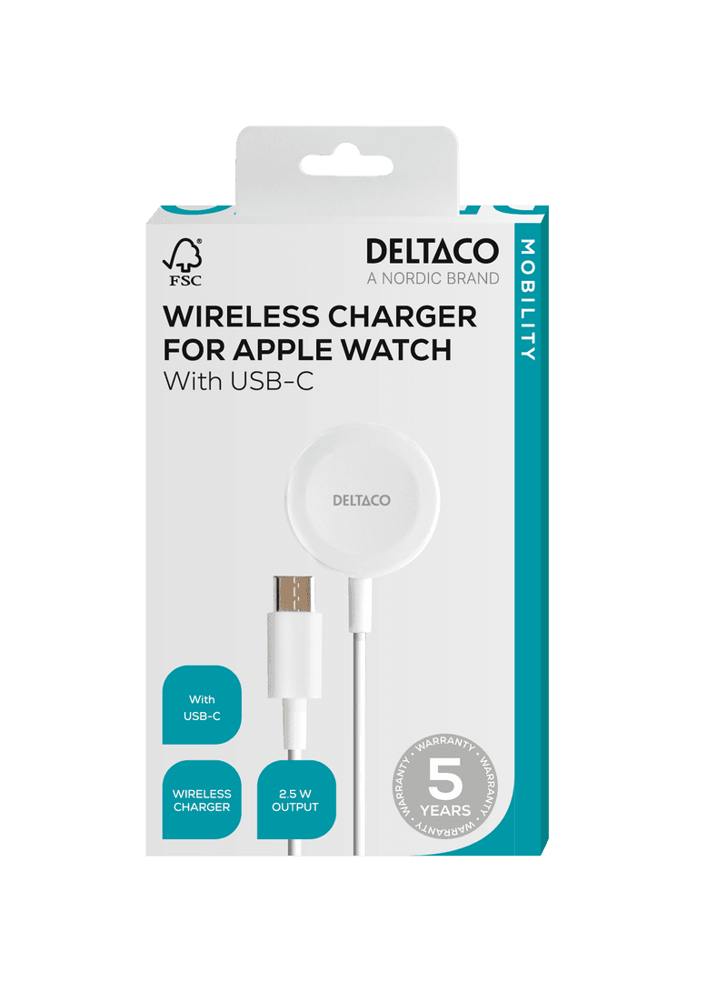 DELTACO - Apple Watch charger, USB-C, 1 m fixed cable