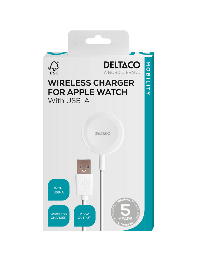 DELTACO - Apple Watch charger, USB-A, 1 m fixed cable