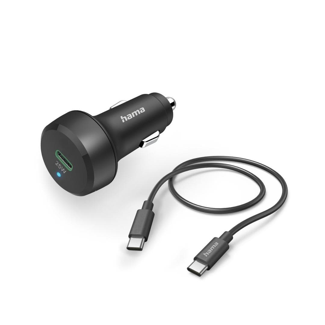 HAMA - Car Charger 12-24V w. C to C cable PD 25W 1xUSB-C  Cable 1m Black