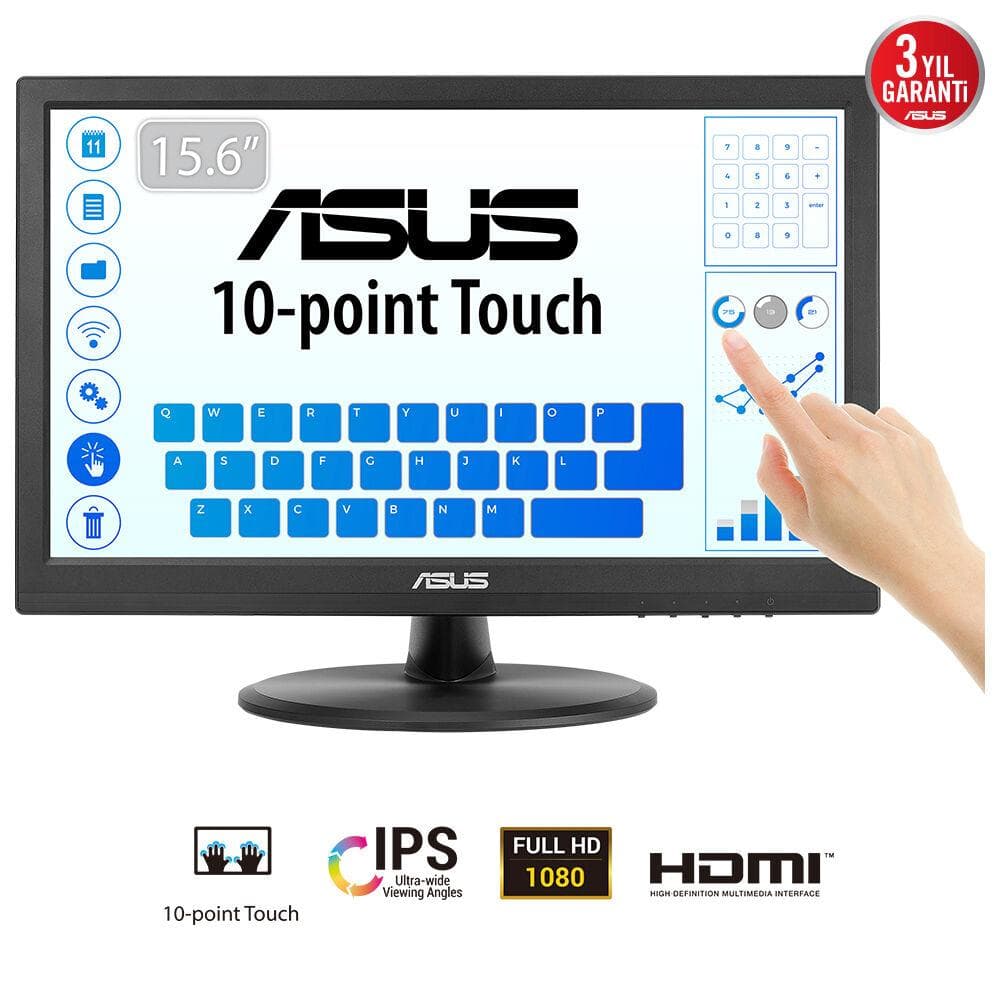 ASUS - VT169HE Touch Monitor 15.6inch IPS WLED FHD 16:9 60Hz 220cd/m2 5ms D-Sub HDMI