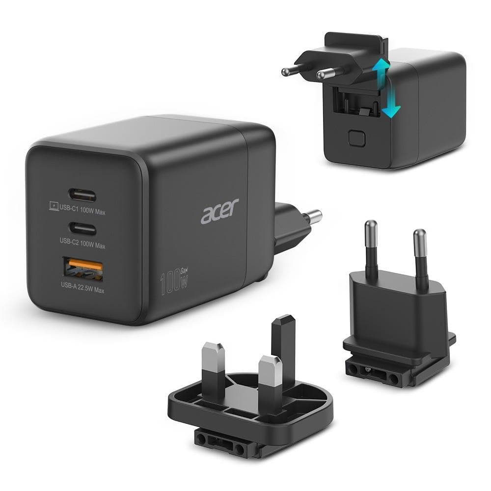 ACER - GaN charger 2xUSB-C 1xUSB-A ports black 100W Removable plugs