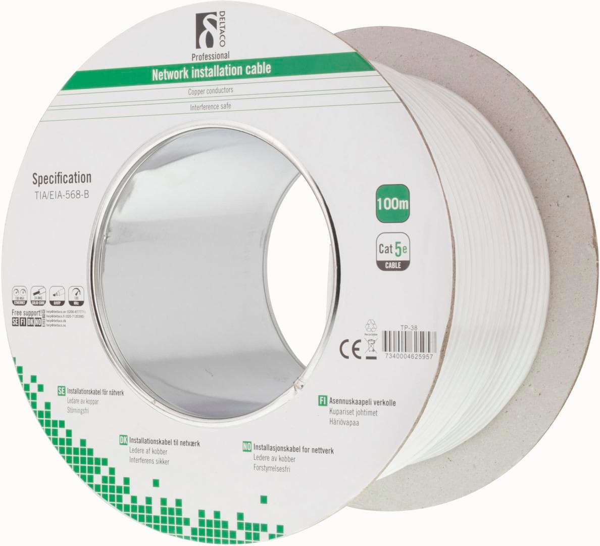DELTACO - UTP installationskabel Cat.5e 100m, vit