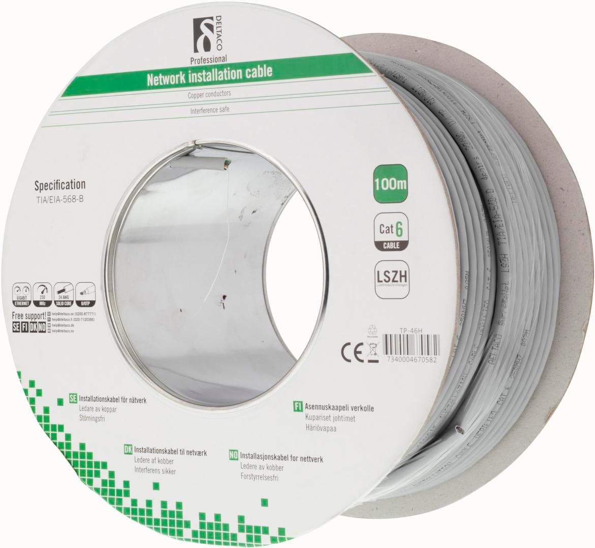 DELTACO - LSZH UTP installation cable, Cat6, 100m, gray
