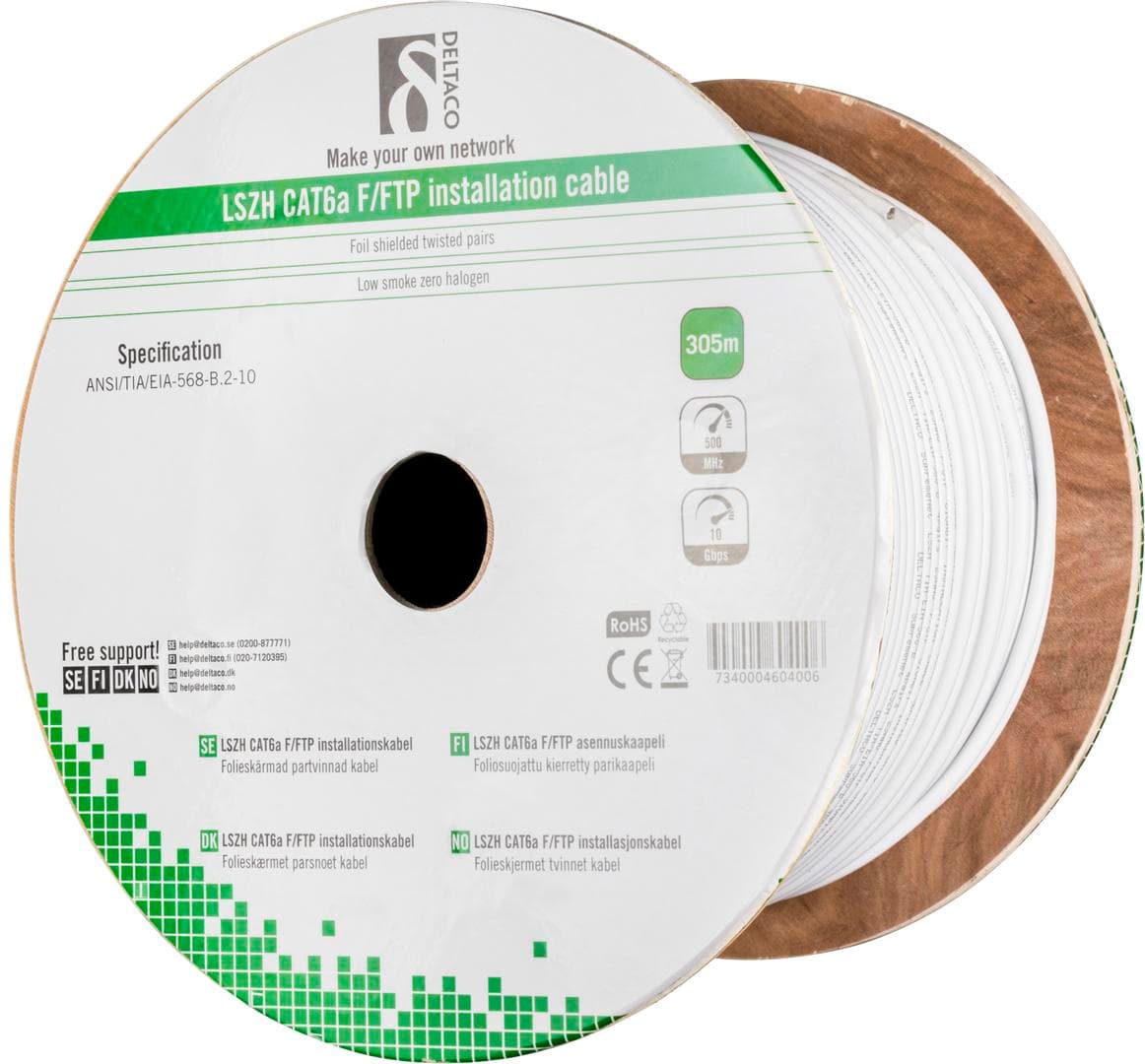 DELTACO - F / FTP foil shielded setup cable, Cat6a, LSZH, 305m reel, white
