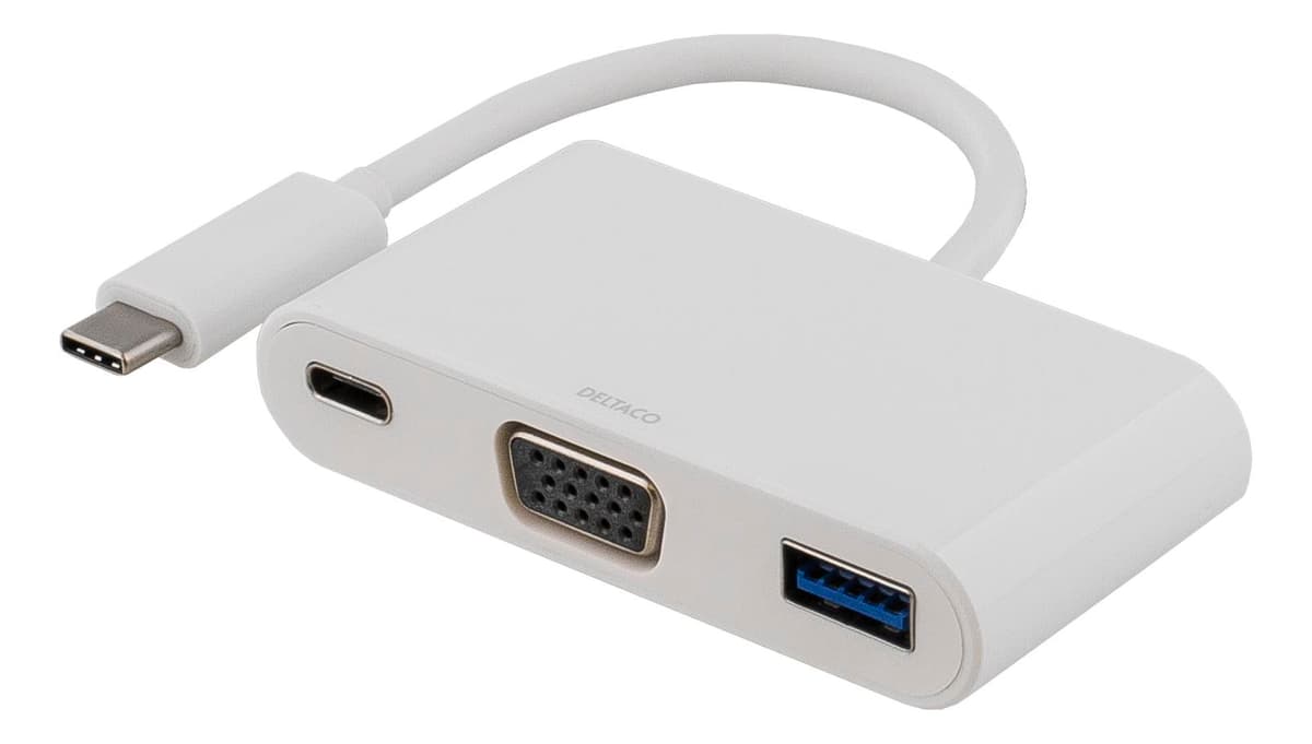 DELTACO - USB-C to VGA and USB Type A adapter, USB-C FM, 60W, white