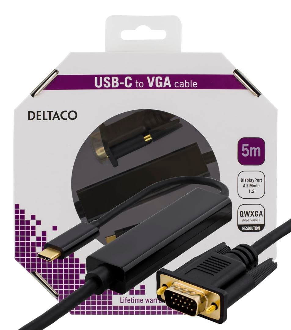 DELTACO - USB-C - VGA, QWXGA 2048x1152 60Hz, 5m, DP 1.2 Alt Mode, black