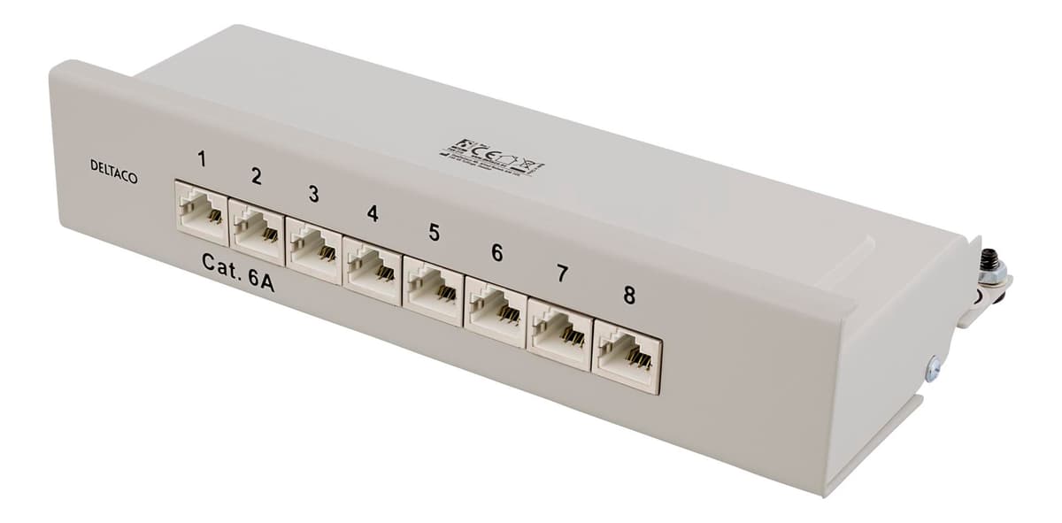 DELTACO - Patch Panel, 8xRJ45, Cat6a, wall-mountable, metal, gray