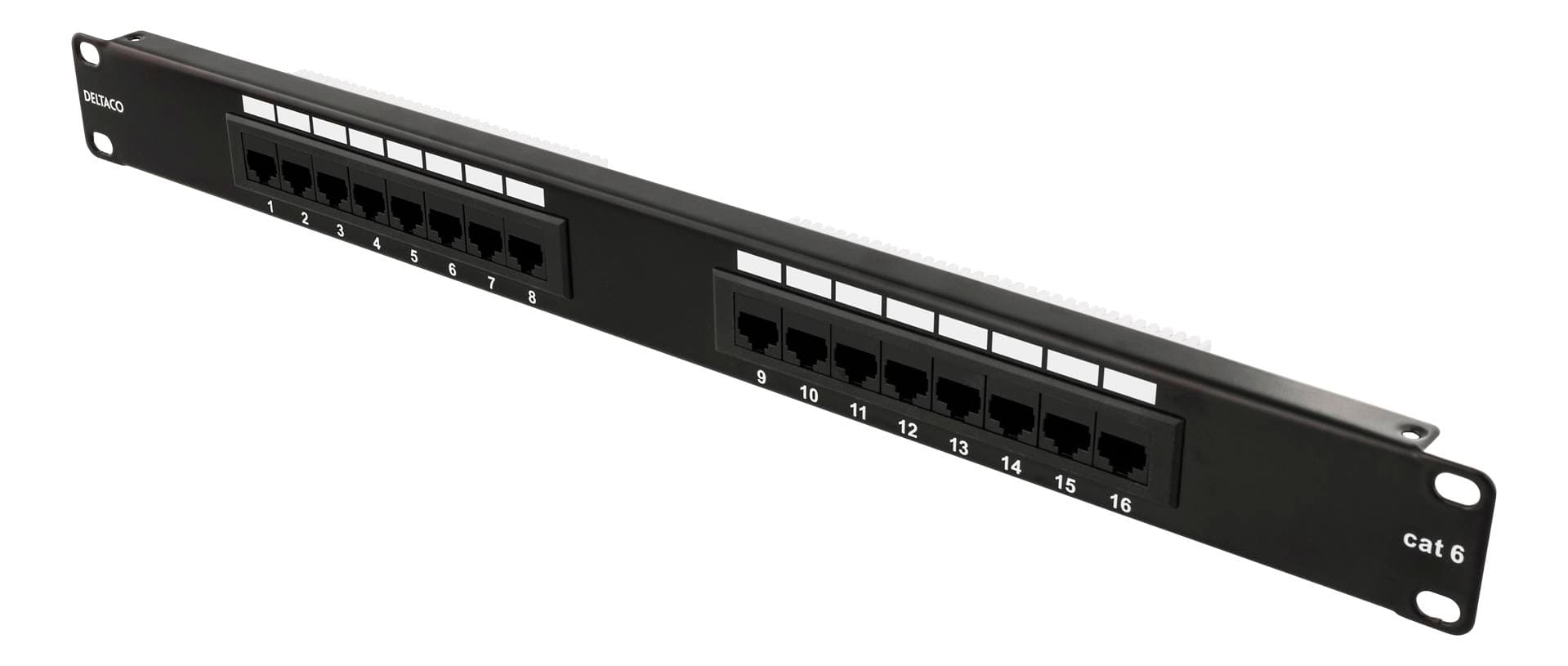 DELTACO - 19" patch panel, 16+xRJ45, Cat6, UTP, 10Gbps, black
