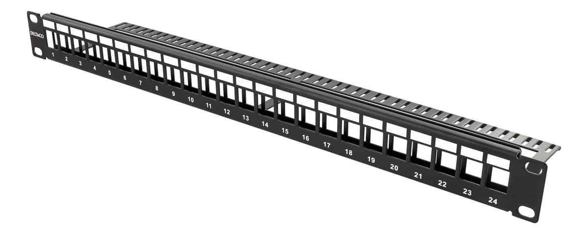 DELTACO - TP patch panel, 24 ports, without connectors, 1U, black