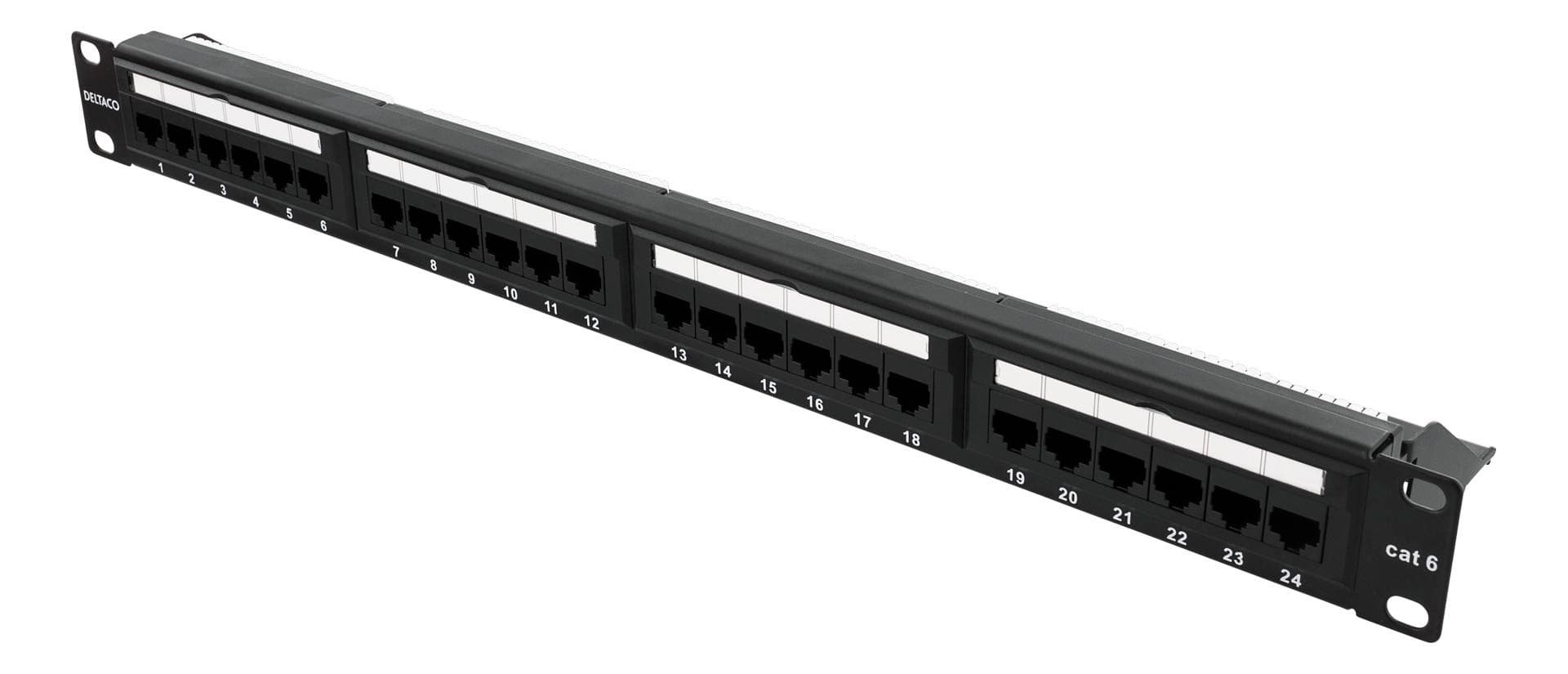 DELTACO - UTP patchpanel, 24xRJ45, Cat6, Kroneplintar, kabelstöd, 1U, 19", svart
