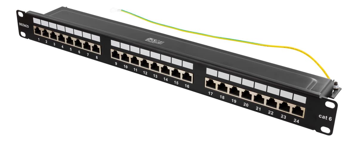 DELTACO - STP patch panel, 24xRJ45, Cat6, 1U, 19", metal, black