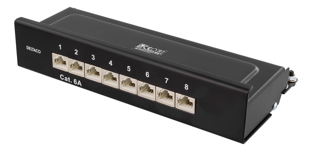 DELTACO - Patch Panel, 8xRJ45, Cat6a, wall-mountable, metal, black