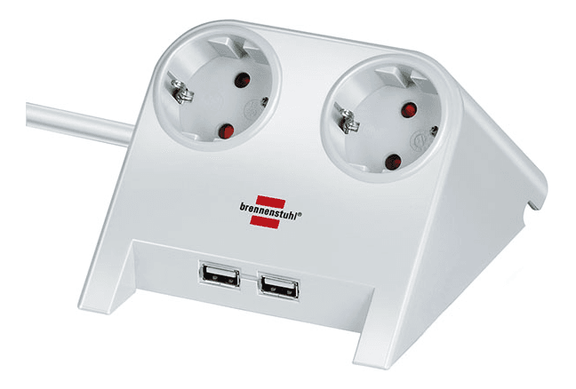 BRENNENSTUHL - Desktop Power vit med 2xUSB charger 1,8m kabel. 2-vägs