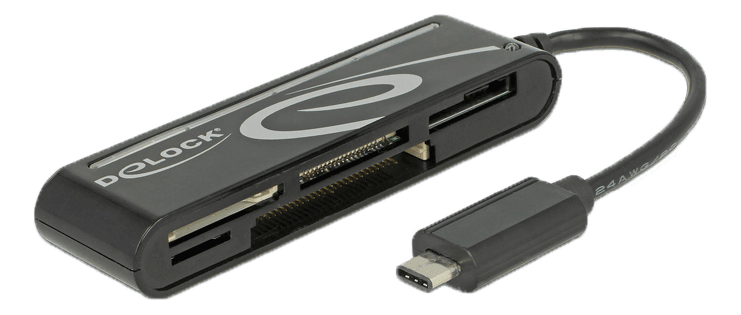DELOCK - USB 2.0 Kortläsare, USB-C hane, 5 kortplatser, 480 Mbps, svart