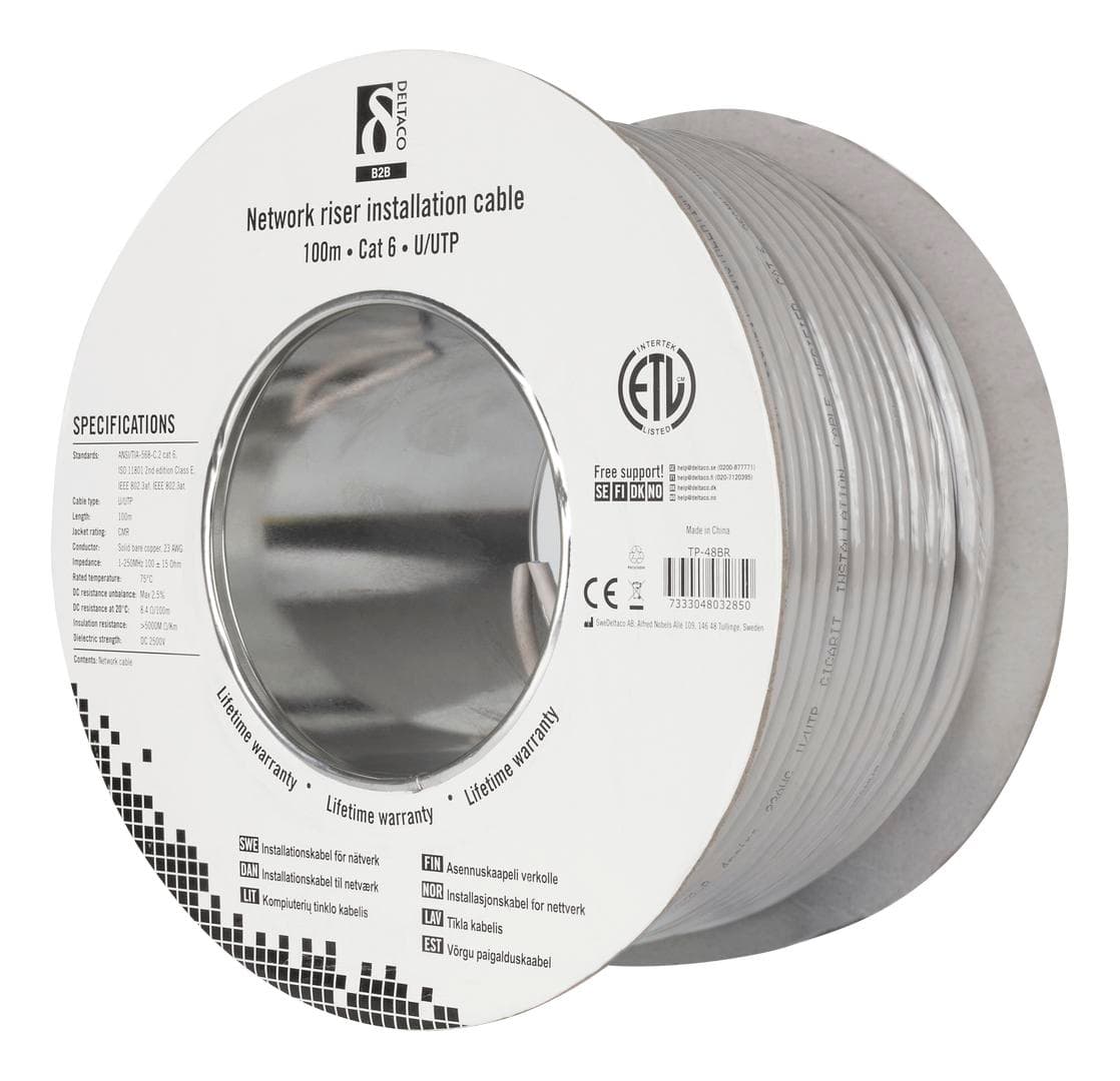 DELTACO - CAT 6 Unshielded twisted pair (UTP) 100m Bulk cable Gray